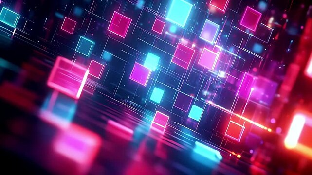 Abstract background featuring glowing neon squares and digital data lines in a futuristic virtual environment.