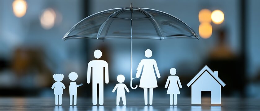 Family insurance concept with paper cutouts under umbrella, life protection and financial security symbols, house and family silhouettes on blue background