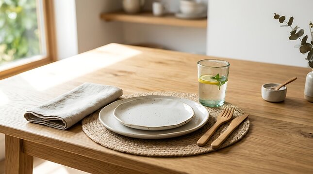 Modern dining table place setting with ceramic plates and wooden cutlery in a bright home kitchen. plastic-free dinnerware