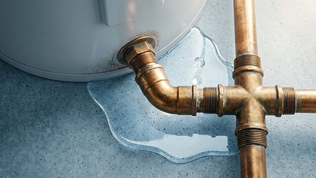 Leaking copper pipe from water heater on concrete floor indoors