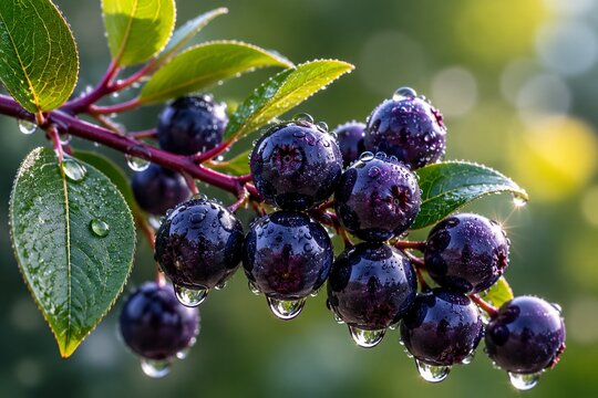A branch with deep purple berries glistening with morning dew, macro detail.