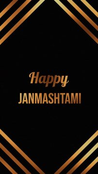 Black background with golden geometric lines. Text reads "Happy JANMASHTAMI" in elegant font. Glowing gold accents frame the message. Celebration card for Hindu festival event