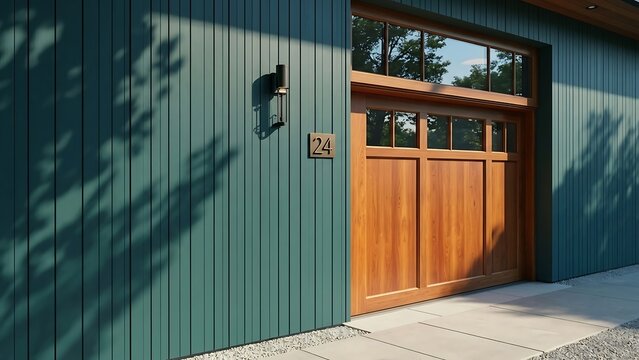 Modern house exterior with wooden garage door and green siding