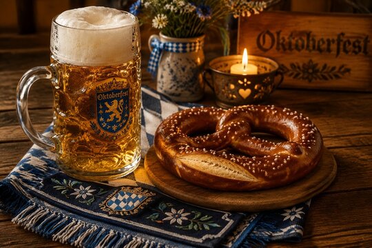 Foamy beer mug, soft pretzel, trachten scarf placemat on rustic table, Oktoberfest celebration.