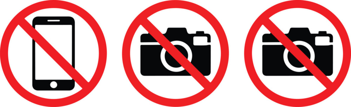 Set of prohibition signs showing no photography and no mobile phone symbols for privacy, security, and restricted area design