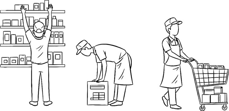 Illustration of grocery store workers stocking shelves and organizing carts.