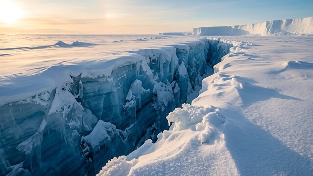 Snowy ice cliff with deep crevasse at sunrise in polar landscape