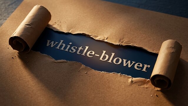Torn brown paper revealing blue whistleblower text underneath rough edges curled up