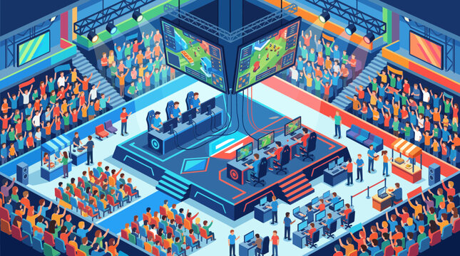 Isometric Pixel Art Esports Arena with Gamers, Audience and Stage