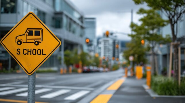 Bright yellow school zone sign near crosswalk and school building, emphasizing pedestrian safety, educational traffic management, and safe urban environment concept.