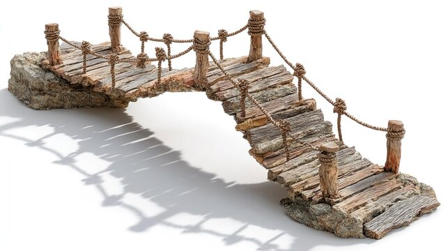 Broken bridge casting shadow isolated on white background, symbolizing obstacle, guidance, planning, opportunity, risk, challenge, limitation, and conceptual metaphor
