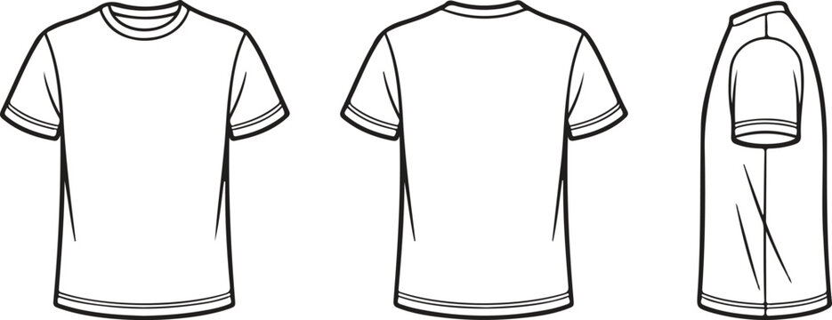Set of plain T‑shirt outline illustrations showing front, back, and side views for fashion design and apparel template use