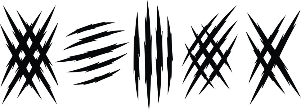 Collection of abstract claw mark shapes with sharp jagged lines for aggressive tattoo, logo, and dynamic graphic design