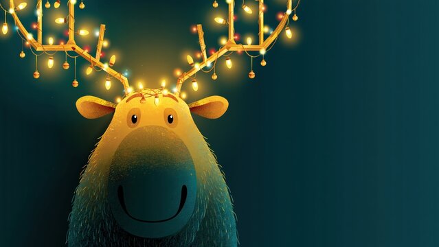 Cute smiling moose wearing tangled Christmas light strings on antlers.