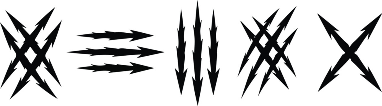 Collection of abstract claw mark shapes with sharp jagged lines for aggressive tattoo, logo, and dynamic graphic design