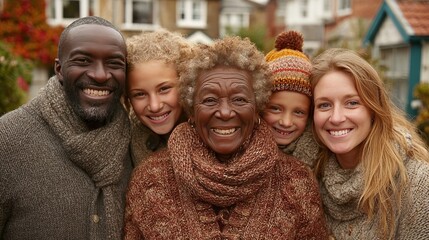 Fototapeta premium Diverse family smiles warmly together outdoors near homes with colorful autumn foliage