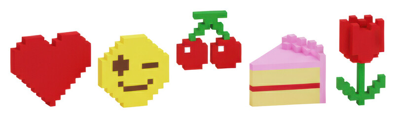 Fototapeta premium Vibrant 3D voxel icons: red heart, yellow winking face, red cherries, pink frosted cake, and red tulip, on white with soft shadows, capturing playful digital nostalgia