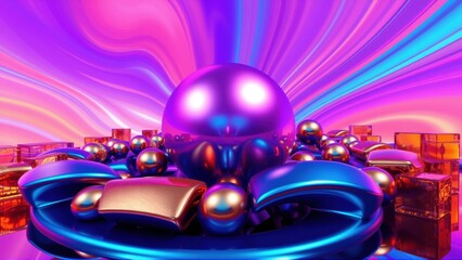 Fototapeta premium Vibrant abstract composition. Metallic spheres rest upon blue rings, illuminated by radiant pink, purple light. Cubes form distant backdrop.
