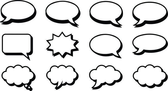 Vector illustration of comic speech and thought bubbles with oval, rectangular, starburst, and cloud shapes in black outlines