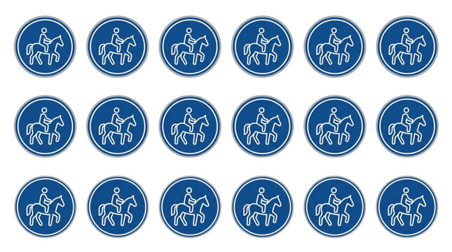 Collection of blue circular horse riding icons.