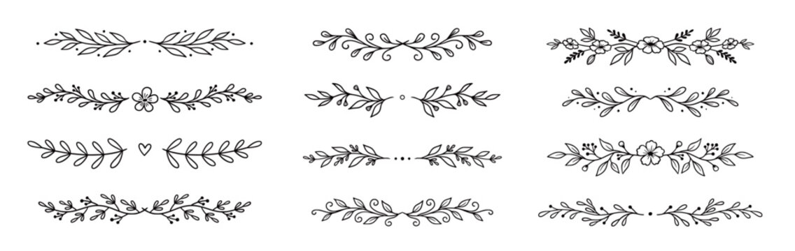 Floral ornament line border set. Hand drawn line doodle style floral divider elements. Flower, vine leaf ornament border frame text vintage flourish decoration. Vector illustration