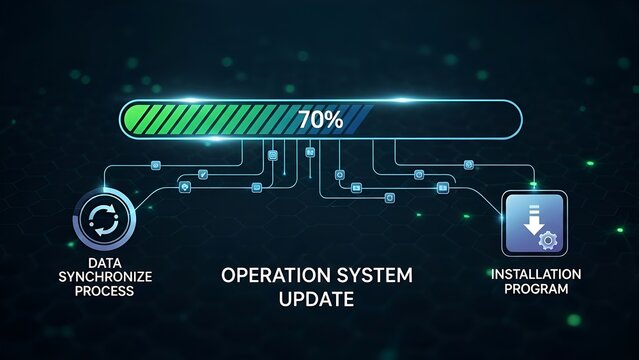Digital image of a system update in progress, featuring a progress bar, icons, and text