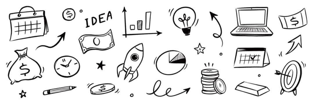 Business calendar icon doodle set. Hand drawn business calendar icon with chalk arrow money graph finance. Marketing communication growth goal analytics rocket innovation target. Vector illustration