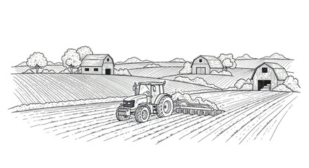 Tractor plowing a field on a farm with barns in the background. © Yuni