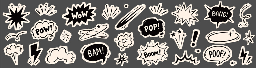 Comic boom cartoon sticker set. Hand drawn comic boom sticker with paper scrapbook collage cutout texture. Wow speech bubble burst explosion dialog grunge ripped elements. Vector illustration © Polina Tomtosova