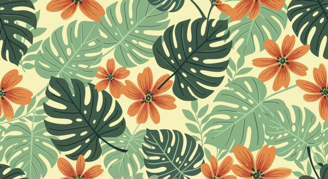 Tropical Floral Pattern with Monstera Leaves and Orange Flowers.