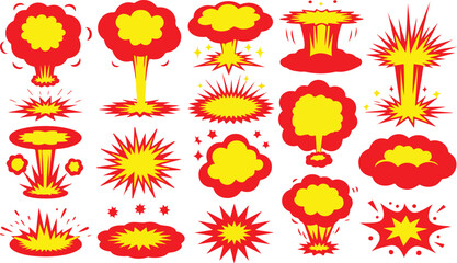 Collection of cartoon explosion and blast effects in red and yellow comic style for dynamic action and game design illustrations © MD FAJLUL