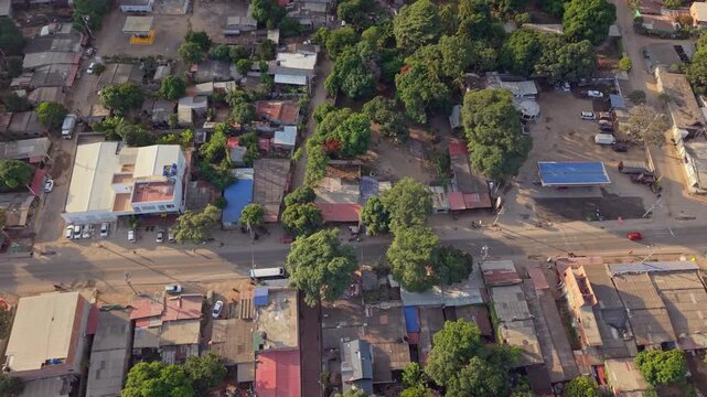 Aerial view of small town streets, buildings, and trees in Palomino, Colombia