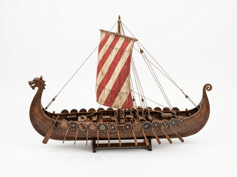 Detailed Wooden Model of a Viking Longship with Striped Sail.