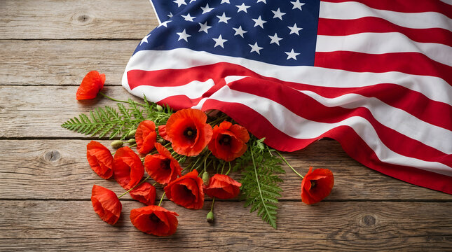 Poppies arranged on a rustic wooden table rest beside a draped American flag representing national remembrance.