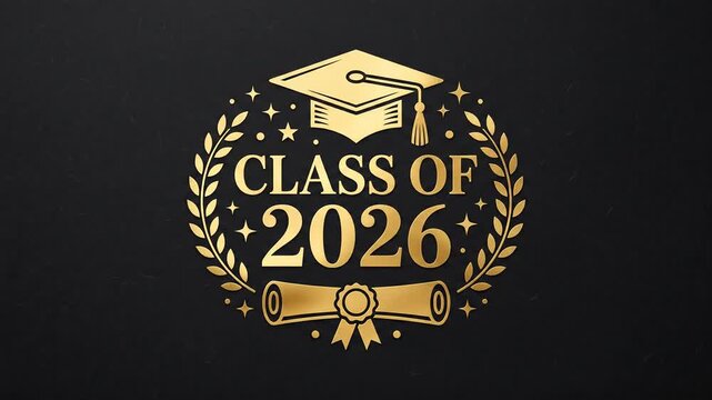 Golden Class of 2026 emblem with graduation cap and wreath.