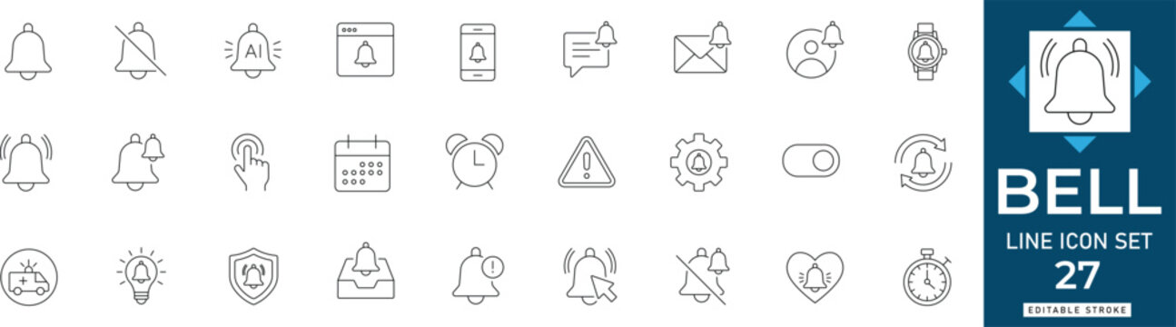 bell line icon set featuring notification, alert, reminder, alarm clock, and incoming message signals. professional editable outline vector illustration