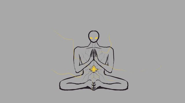 An alien or person with yellow eyes meditates, levitating in space and emitting yellow energy from the navel chakra.