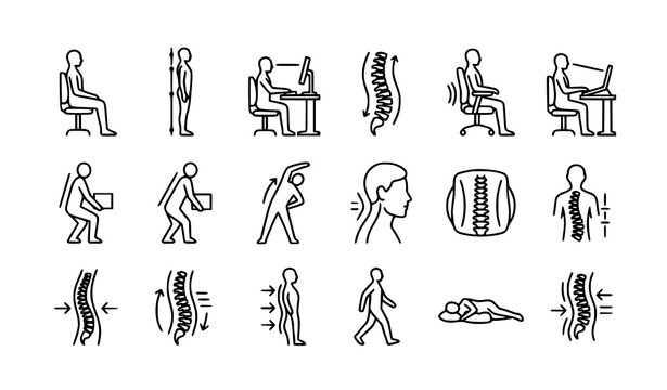 Good posture and ergonomic thin line icon set vector