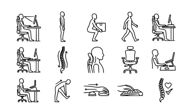 Modern ergonomic posture outline icon pack vector illustration