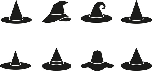 Set of different witch hats stock illustration, Collection of eight different witch hat designs in black silhouette on white background for Halloween or magic themes © Tufayel