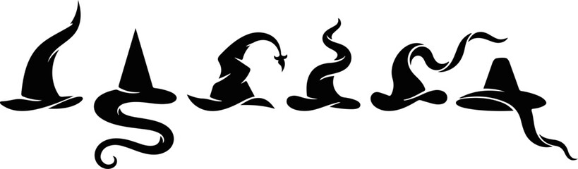 Naklejka premium Set of different witch hats stock illustration, Stylized black silhouette of a snake forming the word 'serpent' graphic design element