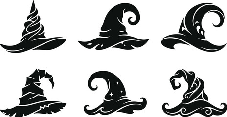 Set of different witch hats stock illustration, Six unique black witch hat silhouettes on a white background for Halloween or magic designs © Tufayel