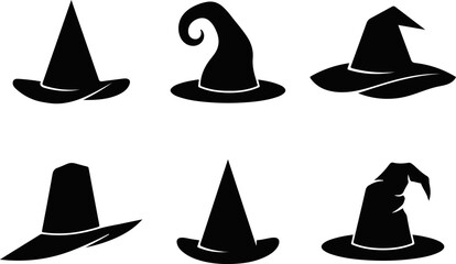 Set of different witch hats stock illustration, Collection of six different witch hat silhouettes for Halloween or magic themed designs © Tufayel