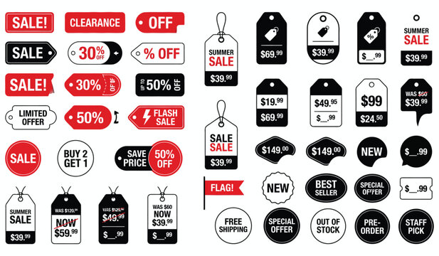 Shopping Sale Icons Set with Discount Labels Price Tags Buttons Badges and Retail Offer Vector Illustration
