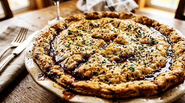 Buttery crust with herb flecks (rosemary, thyme, parsley) and cracked black pepper, tiny streaks of pan jus shining in the crevices