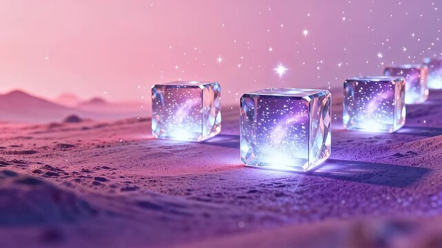 Glowing cubes in desert landscape