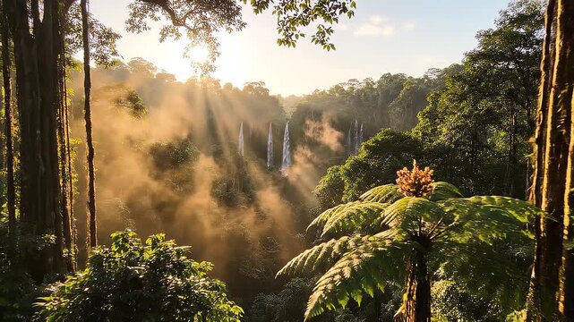 Golden Sunrise Over Tropical Rainforest with Misty Waterfalls and Sunbeams Piercing Through Jungle Fog
