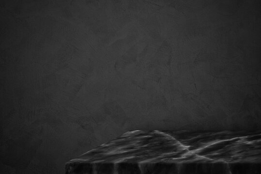 Dark Marble Table with Stucco Wall Texture for Product Mockup Display.