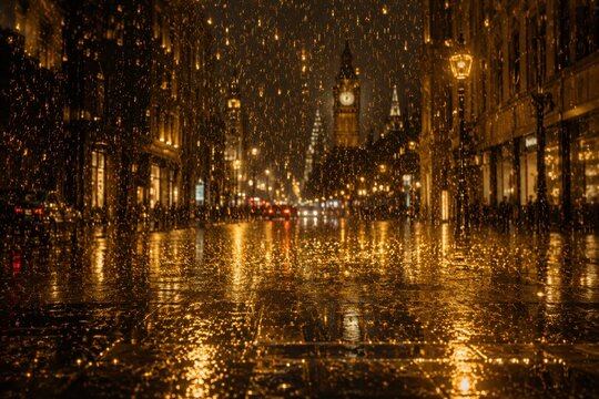 Snow falling on a dark city street at night with glowing golden lights and reflections on pavement
