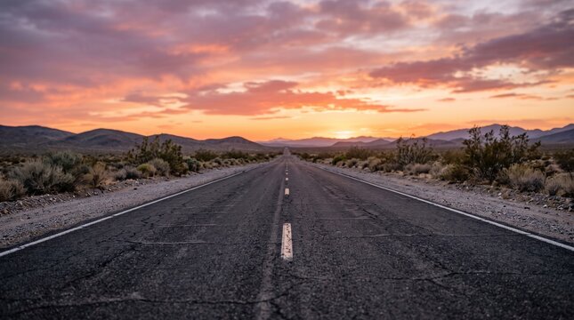 Long empty asphalt highway stretching through a desert landscape at sunset